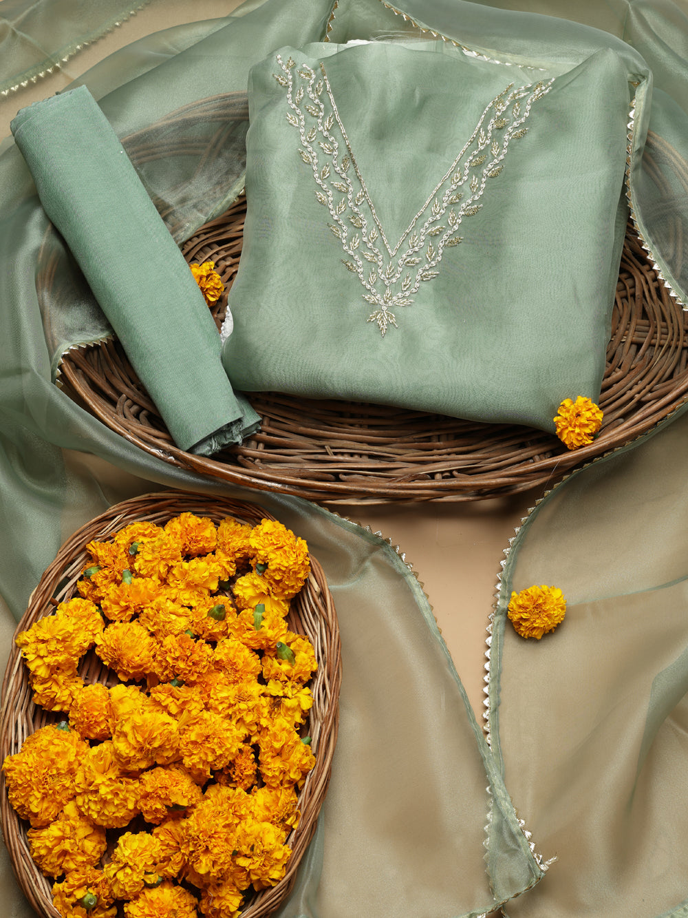 Soft Sage Green Unstitched Suit with Handcrafted Heavy Gota Patti and Pearl Work