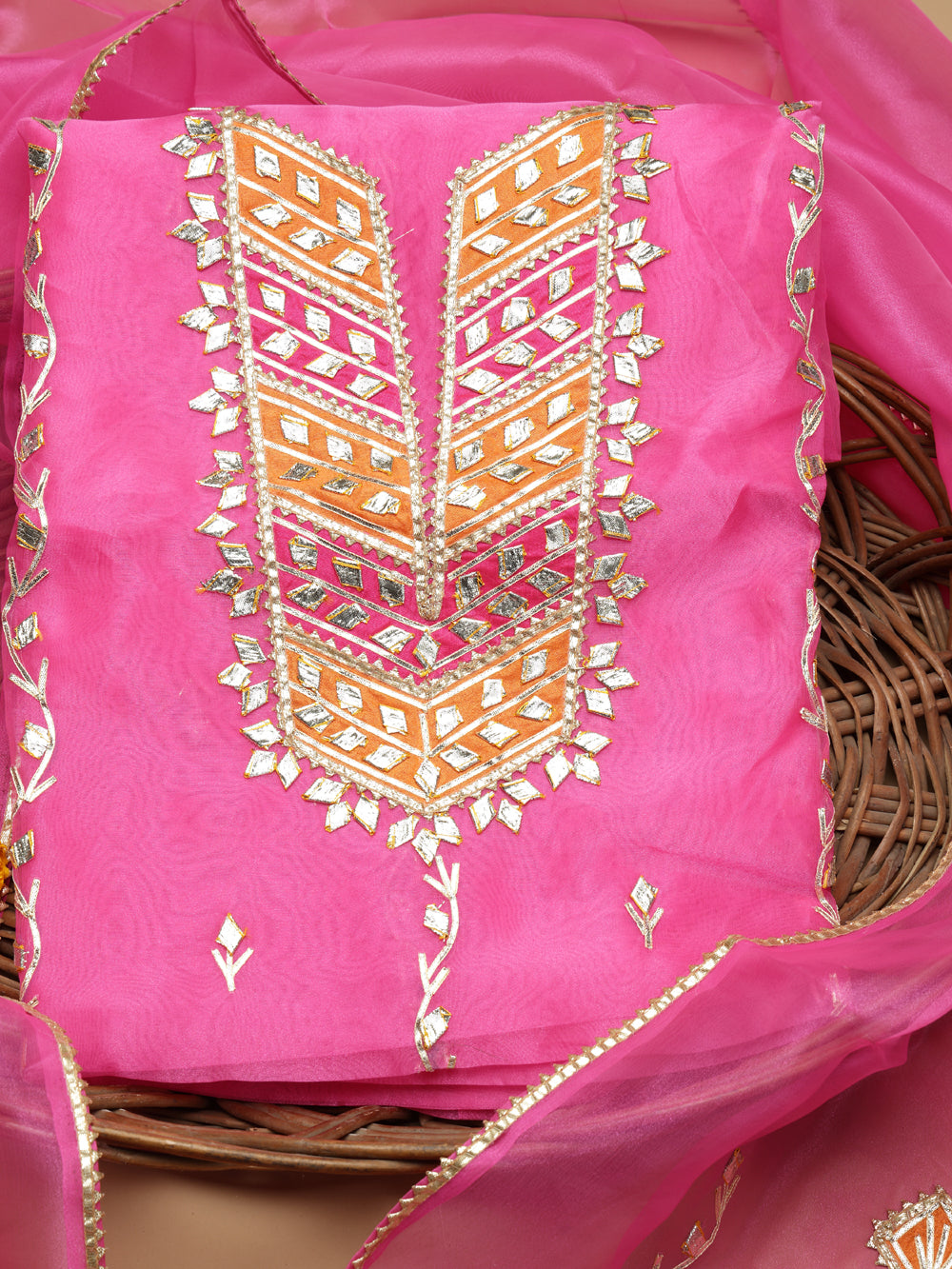 Bright Rose Pink Unstitched Organza Tissue Suit Set with Gota Patti & Pearl Handwork