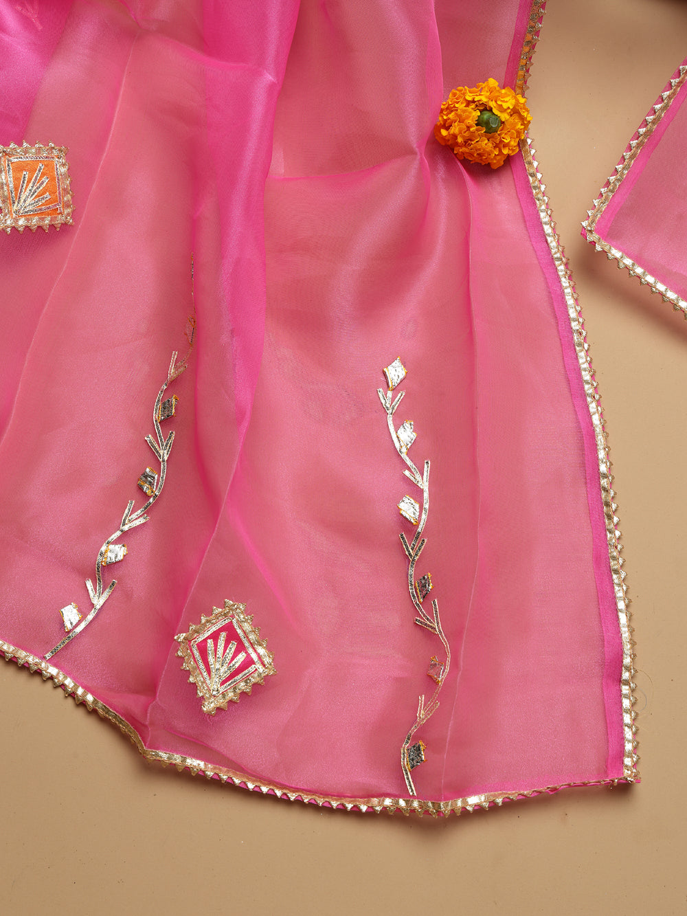 Bright Rose Pink Unstitched Organza Tissue Suit Set with Gota Patti & Pearl Handwork