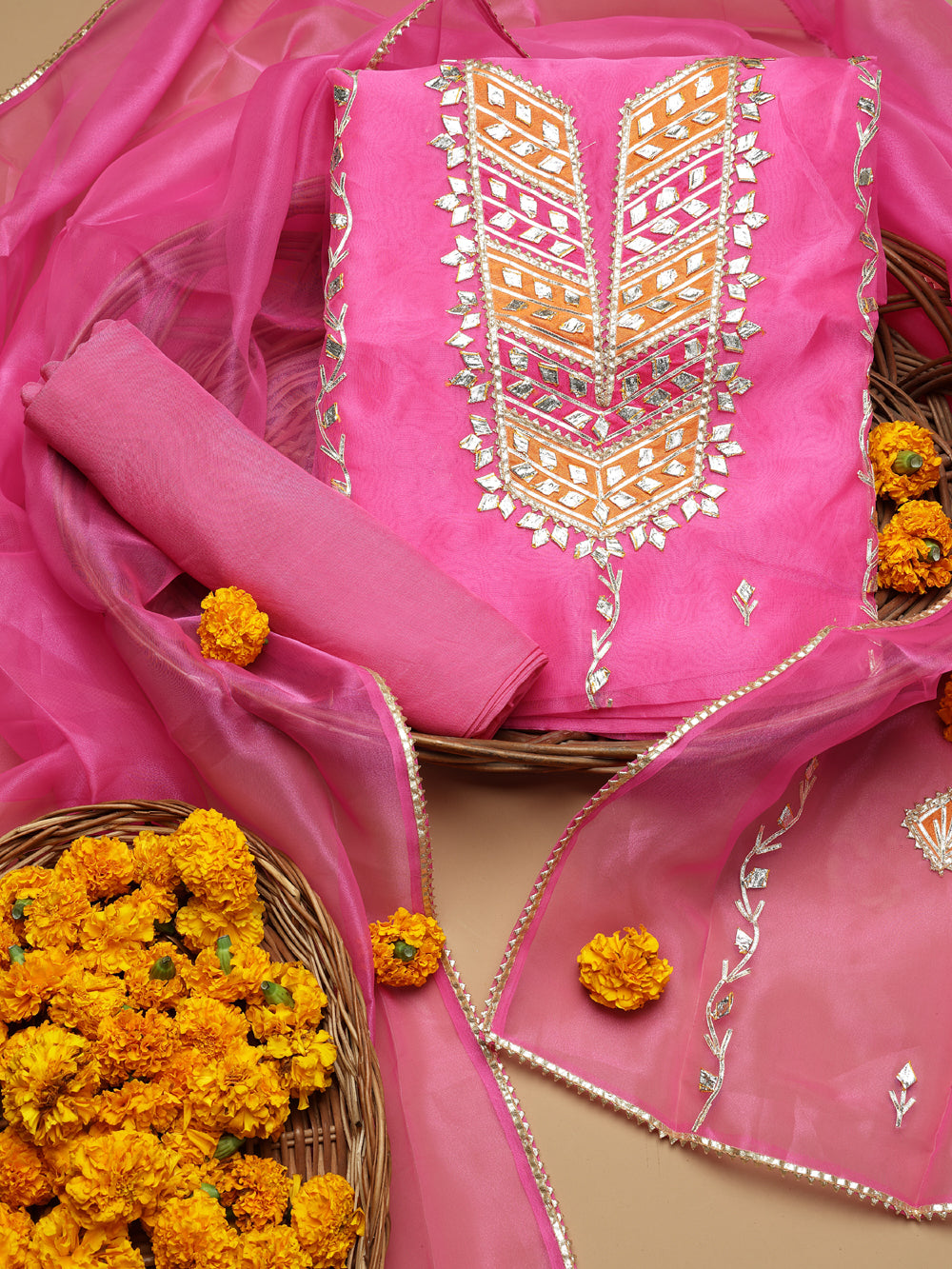 Bright Rose Pink Unstitched Organza Tissue Suit Set with Gota Patti & Pearl Handwork