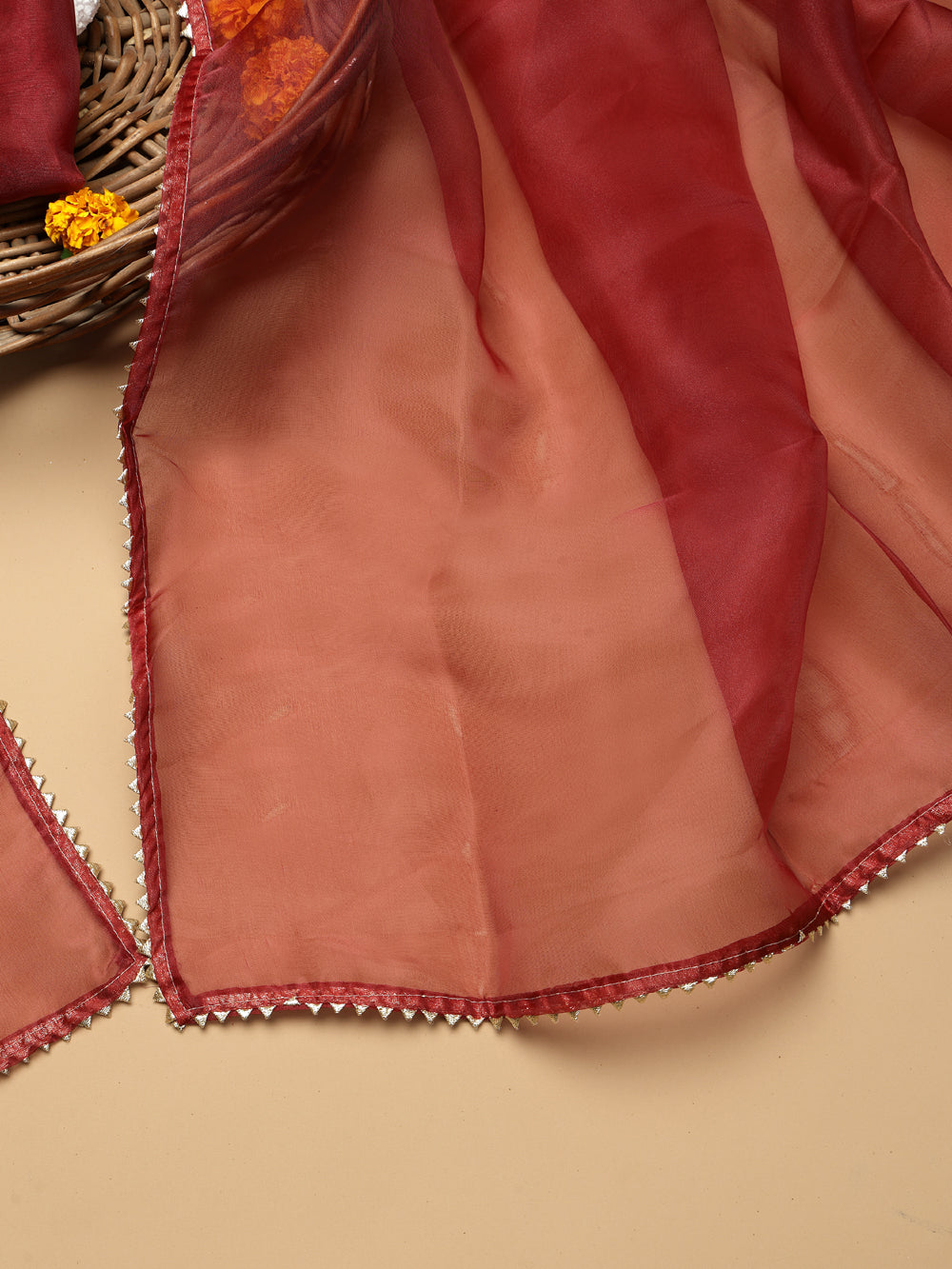 Deep Maroon / Wine Red Unstitched Organza Tissue Suit Set with Gota Patti & Pearl Handwork