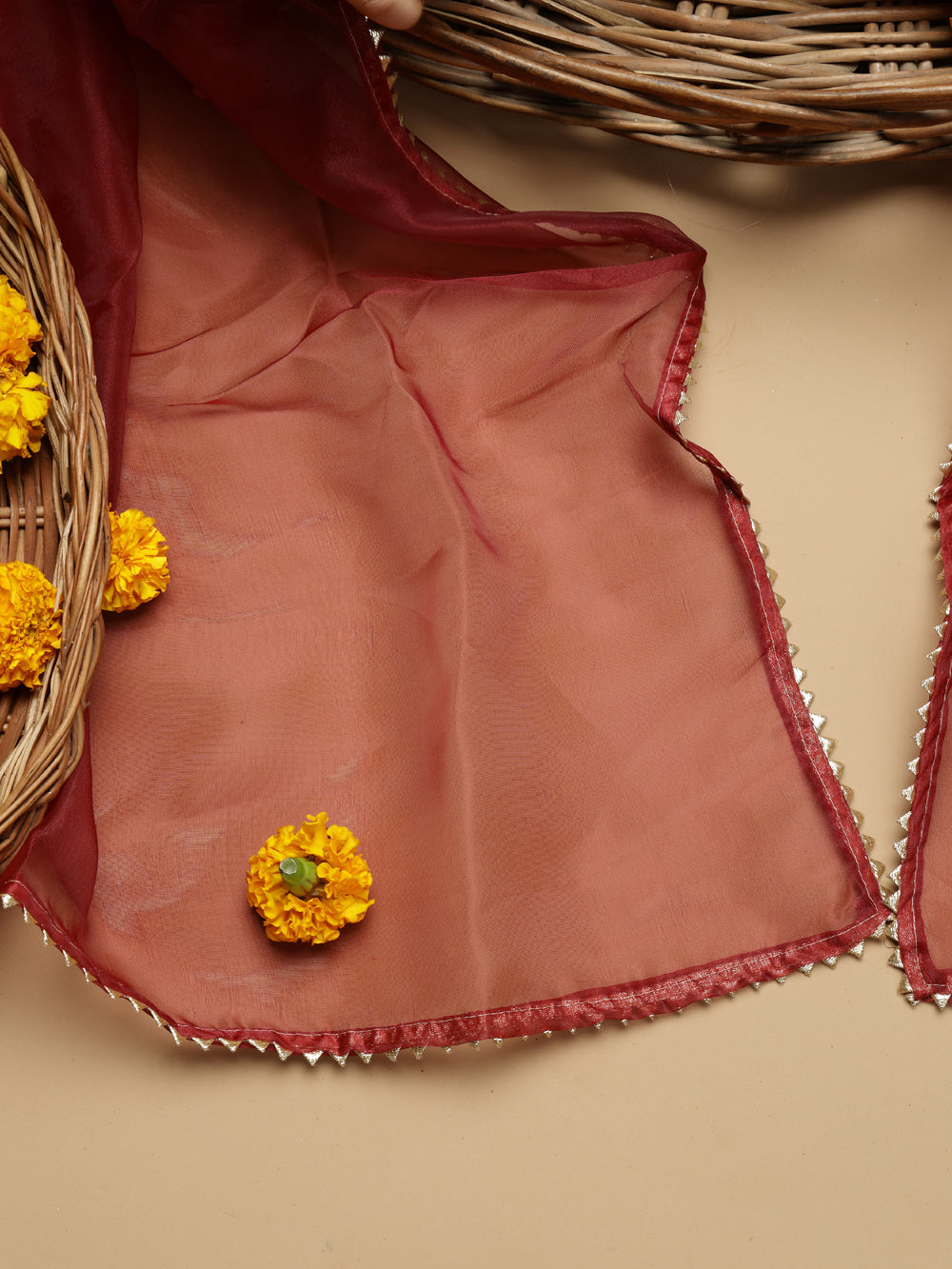 Deep Maroon / Wine Red Unstitched Organza Tissue Suit Set with Gota Patti & Pearl Handwork