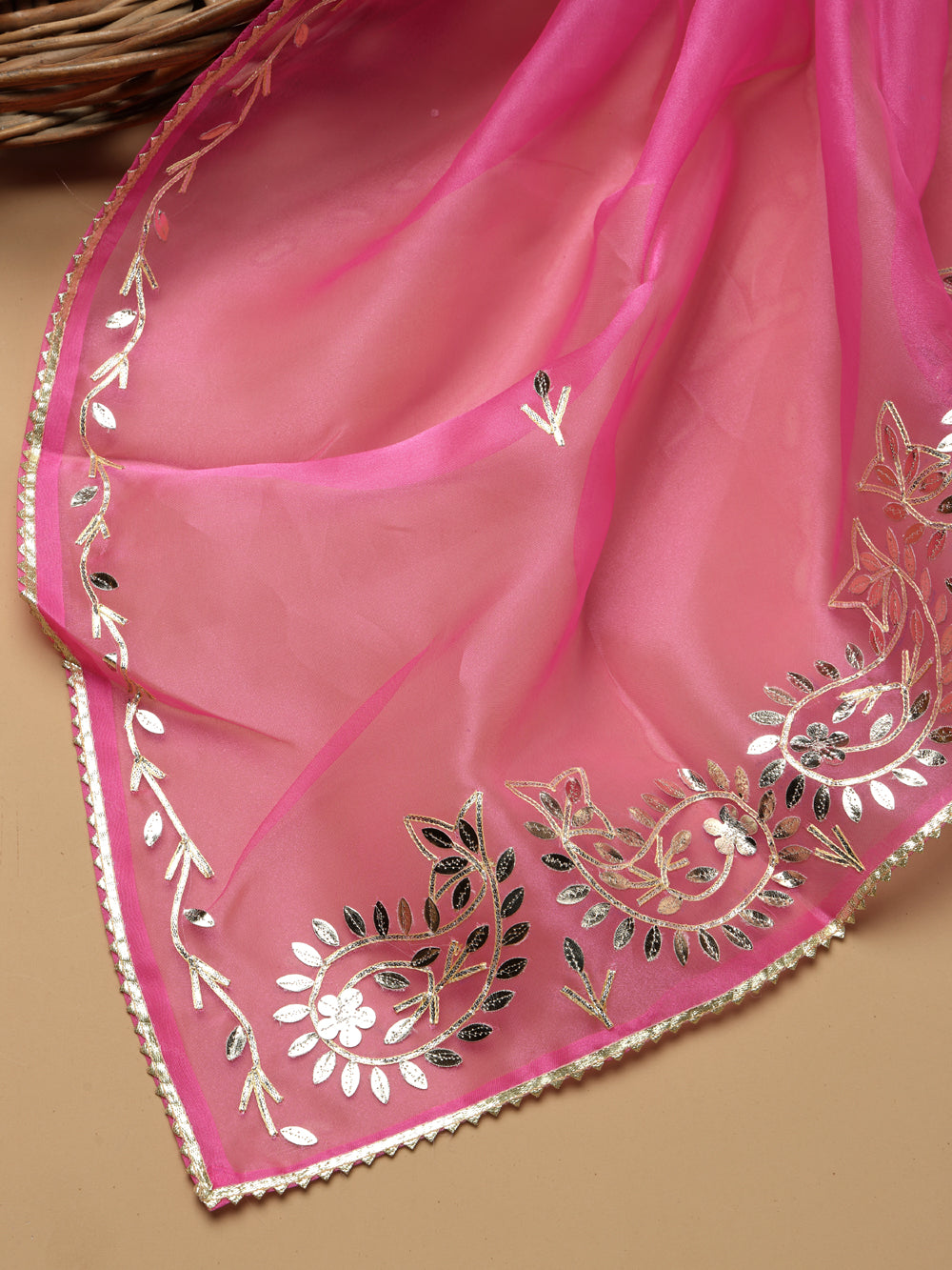 Classic Rani Pink Unstitched Organza Tissue Suit Set with Gota Patti & Pearl Handwork