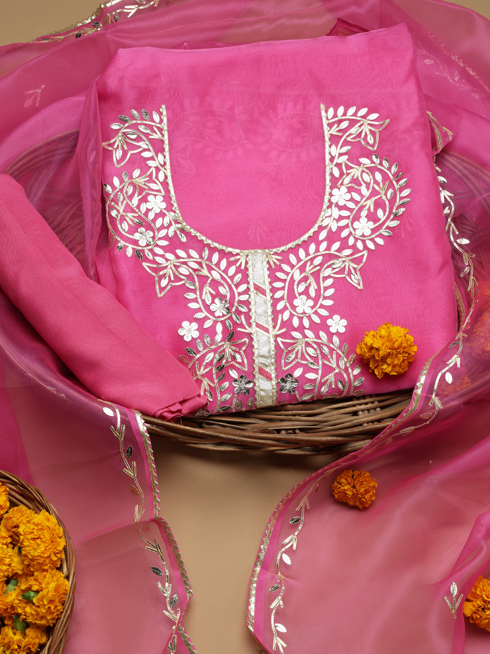 Classic Rani Pink Unstitched Organza Tissue Suit Set with Gota Patti & Pearl Handwork