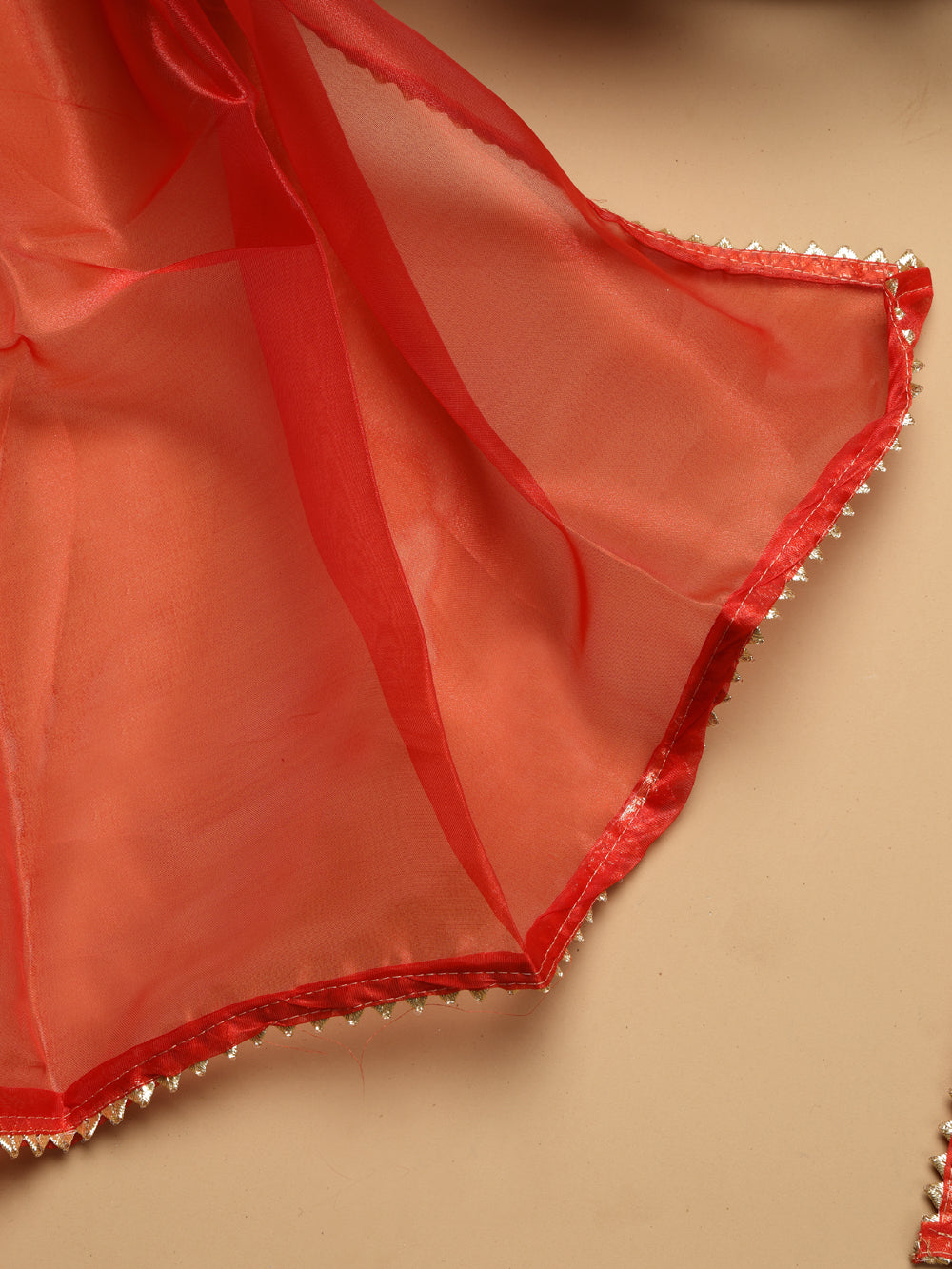 Bright Vermilion Red Unstitched Organza Tissue Suit Set with Gota Patti & Pearl Handwork