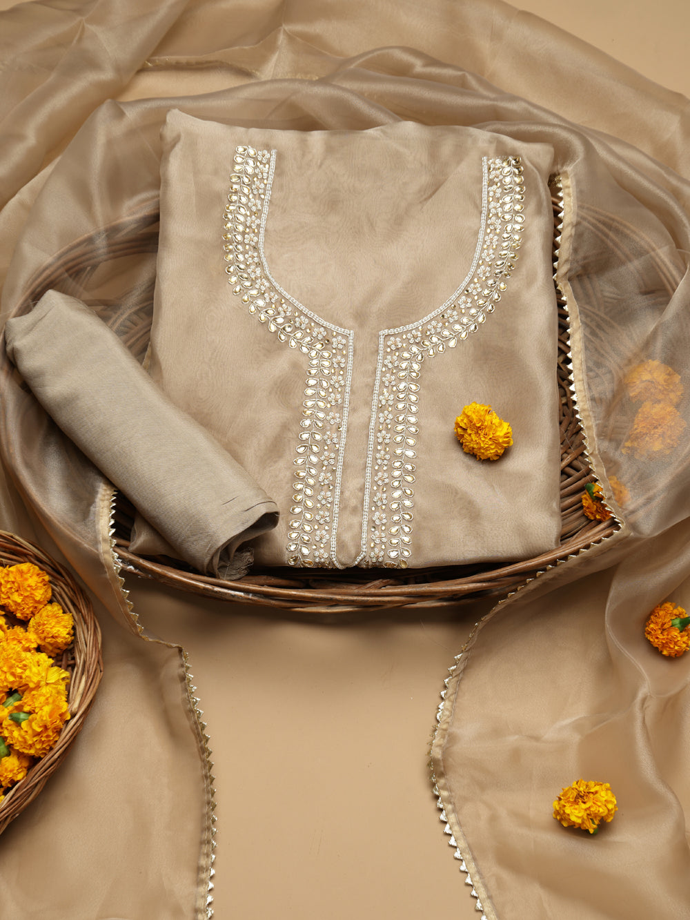 Champagne Beige Unstitched Organza Tissue Suit Set with Gota Patti & Pearl Handwork