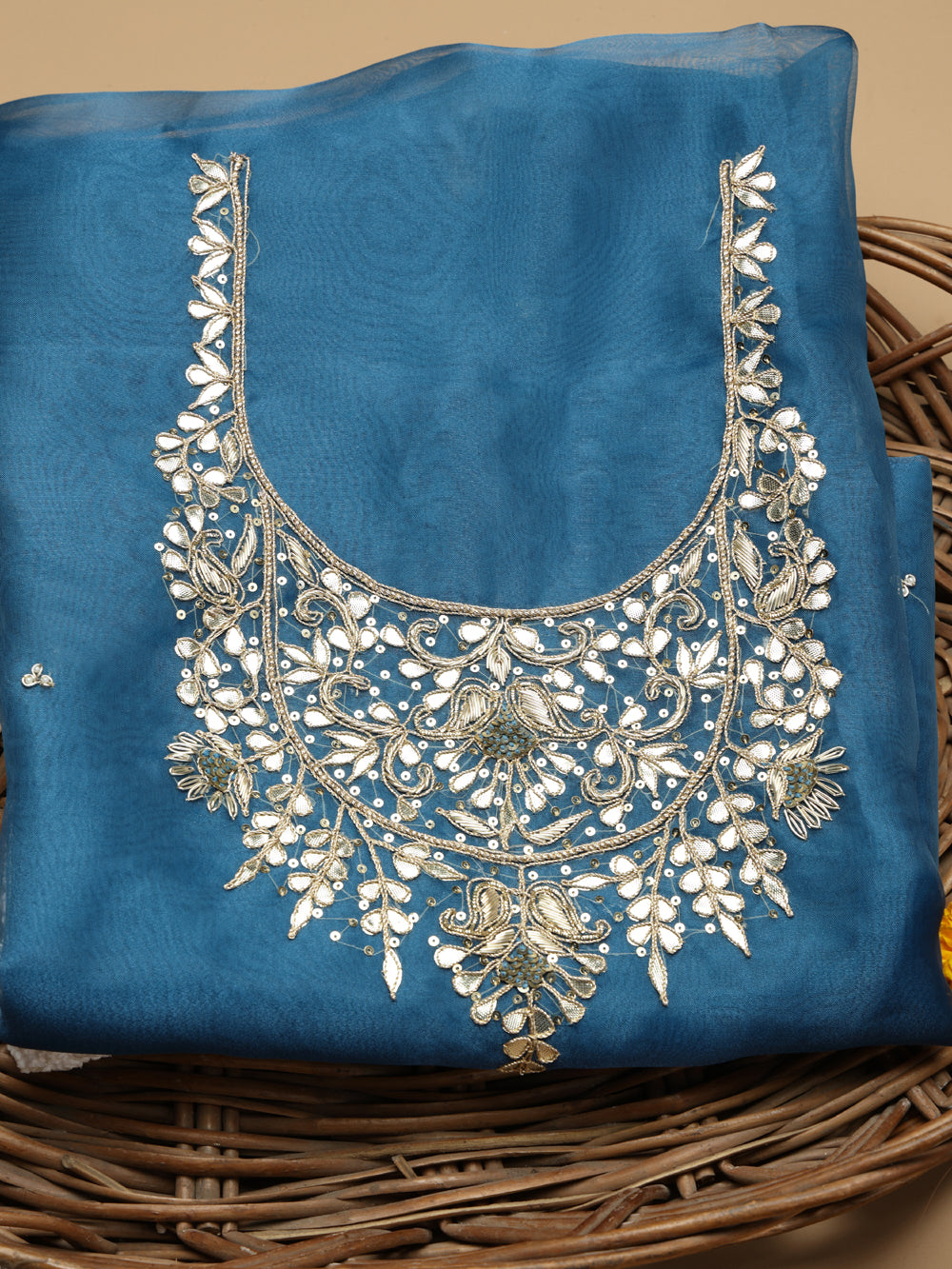 Deep Teal Blue Unstitched Organza Tissue Suit Set with Gota Patti & Pearl Handwork