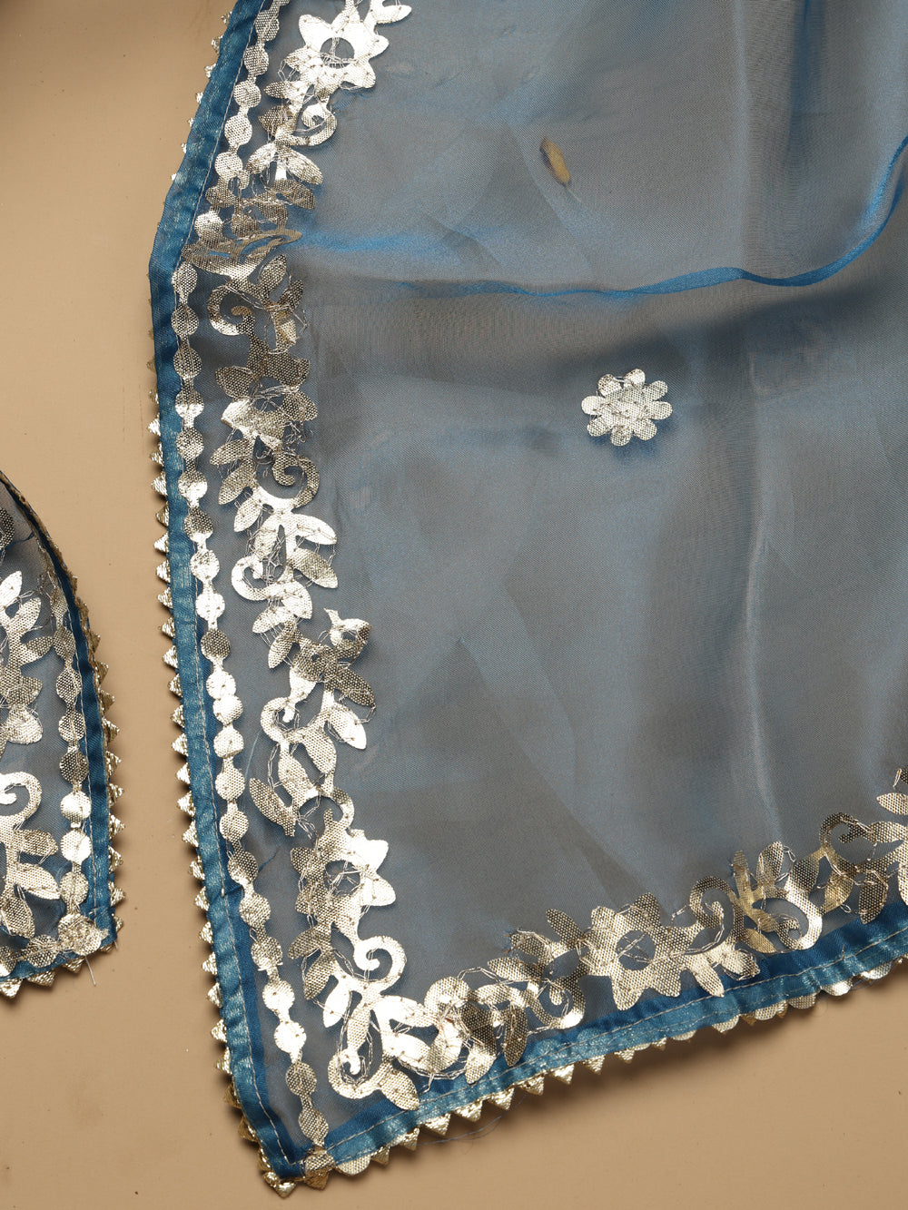 Deep Teal Blue Unstitched Organza Tissue Suit Set with Gota Patti & Pearl Handwork