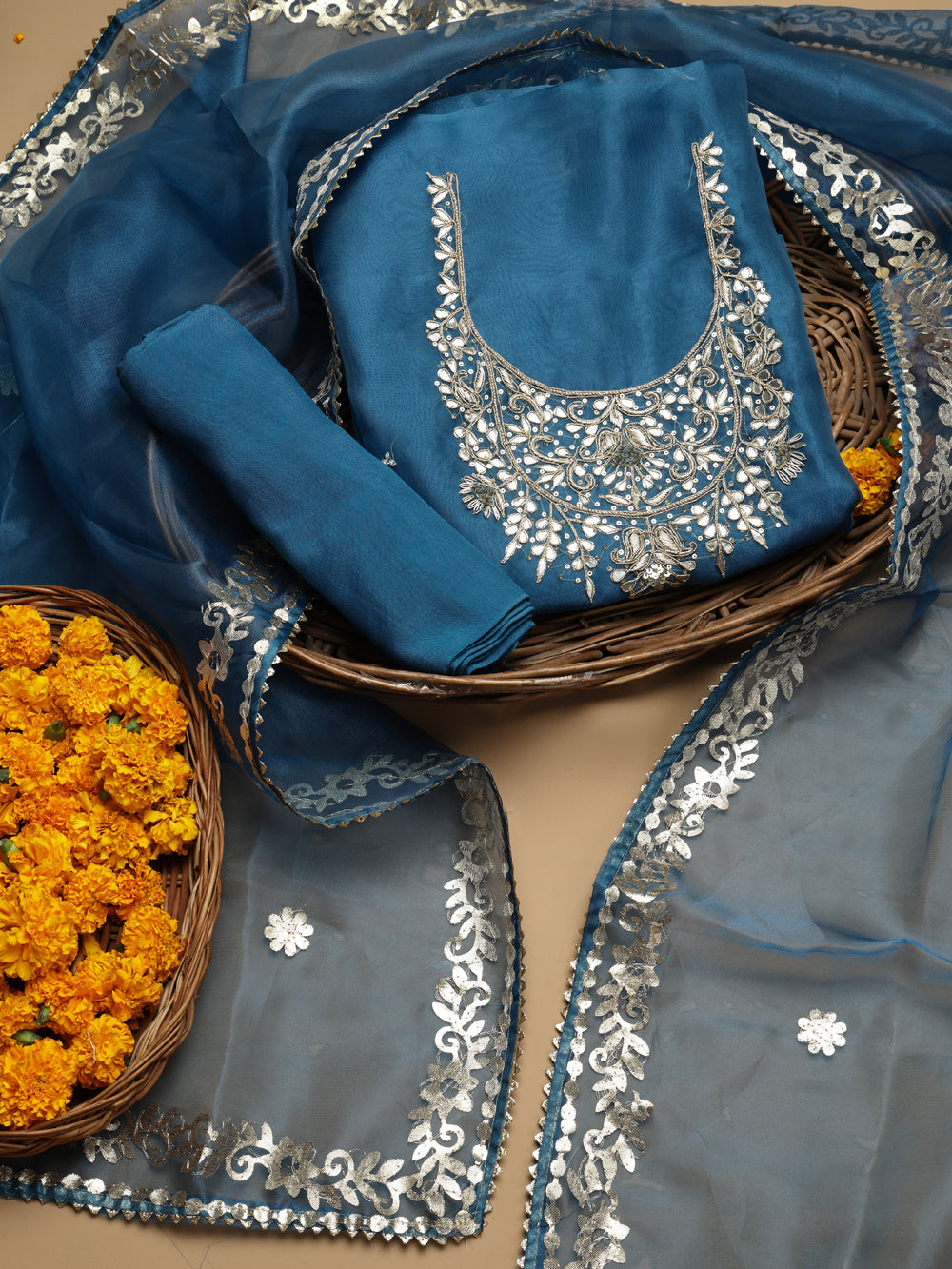 Deep Teal Blue Unstitched Organza Tissue Suit Set with Gota Patti & Pearl Handwork