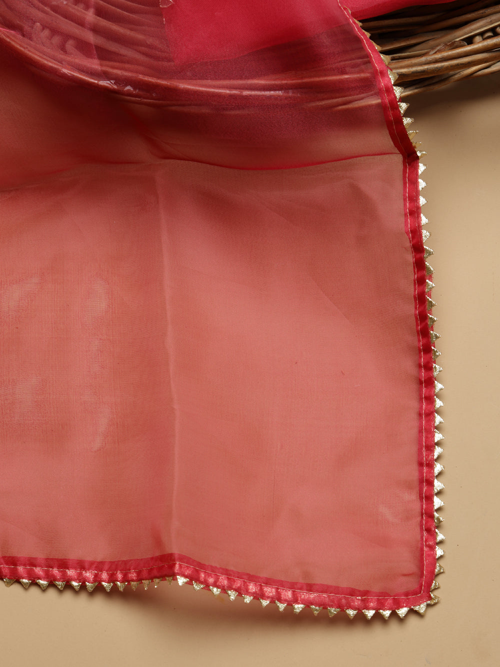 Rich Ruby Red Unstitched Organza Tissue Suit Set with Gota Patti & Pearl Handwork