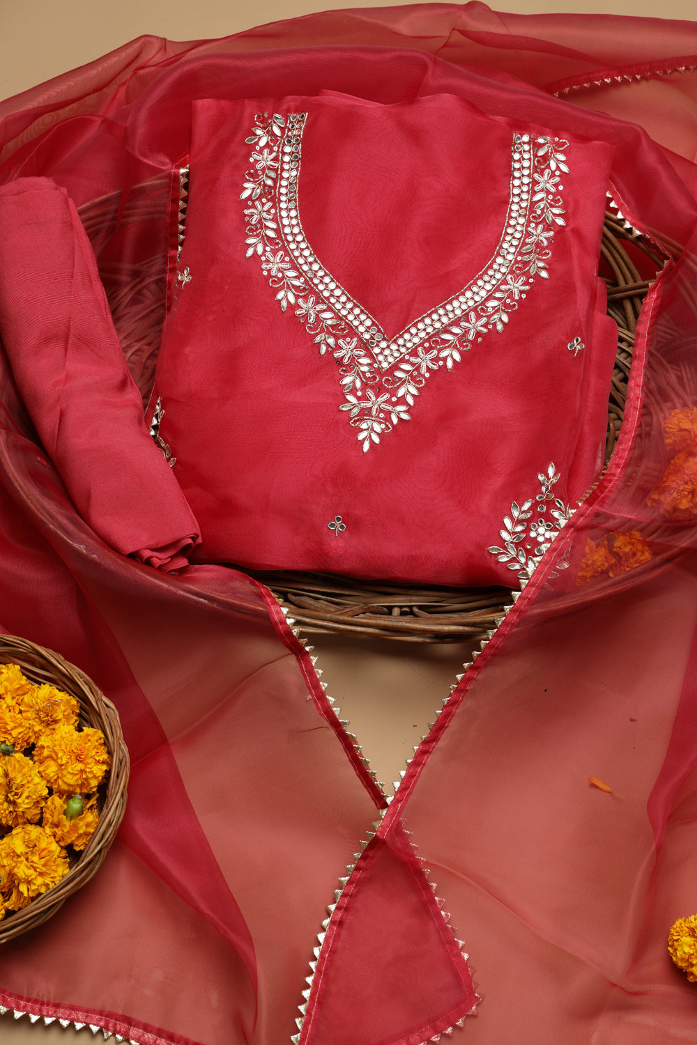 Rich Ruby Red Unstitched Organza Tissue Suit Set with Gota Patti & Pearl Handwork