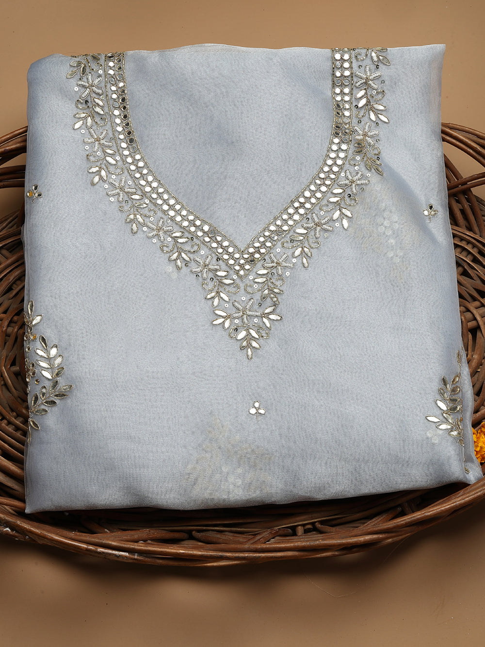 Soft Dove Grey Unstitched Organza Tissue Suit Set with Gota Patti & Pearl Handwork