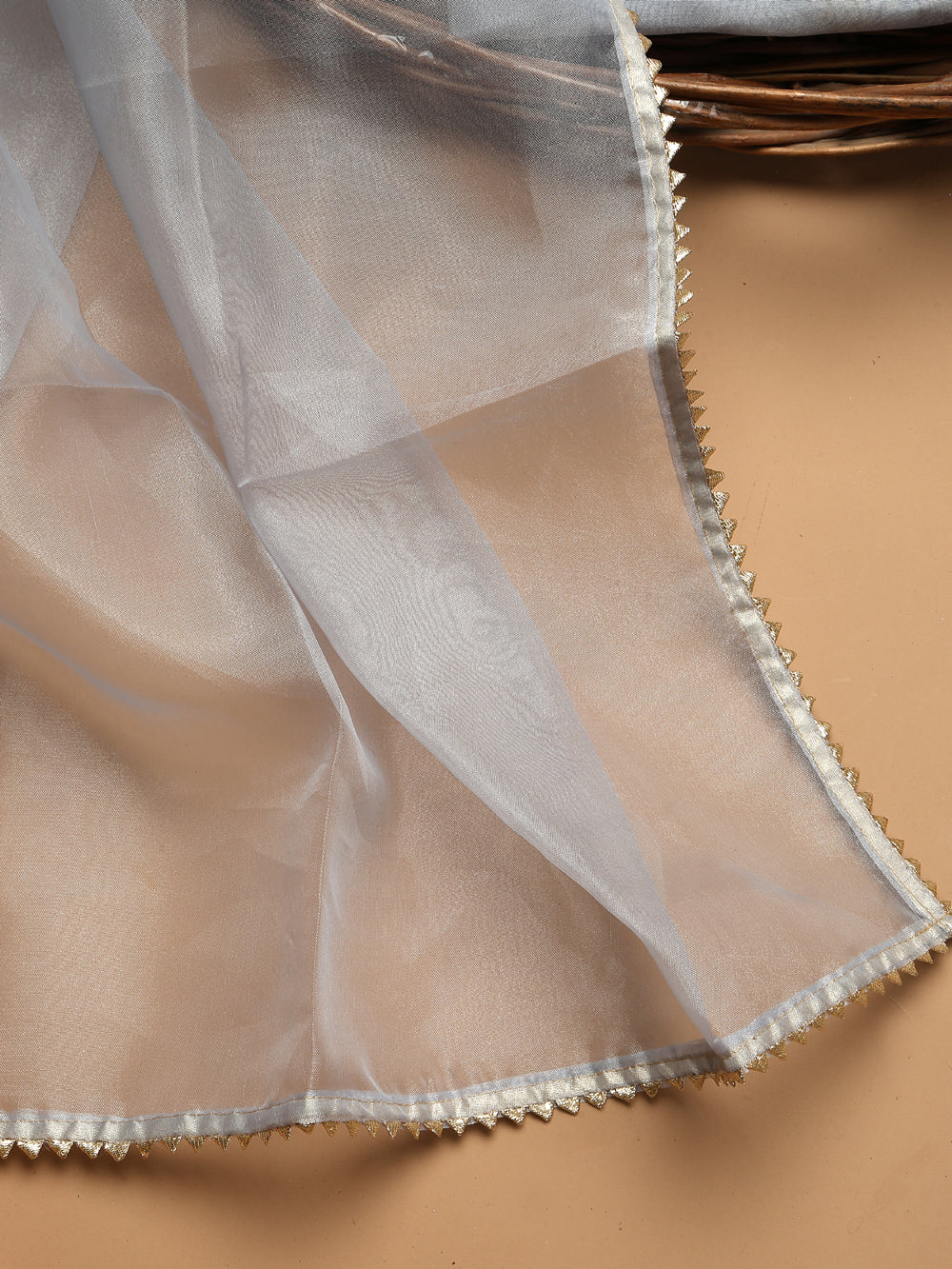 Soft Dove Grey Unstitched Organza Tissue Suit Set with Gota Patti & Pearl Handwork