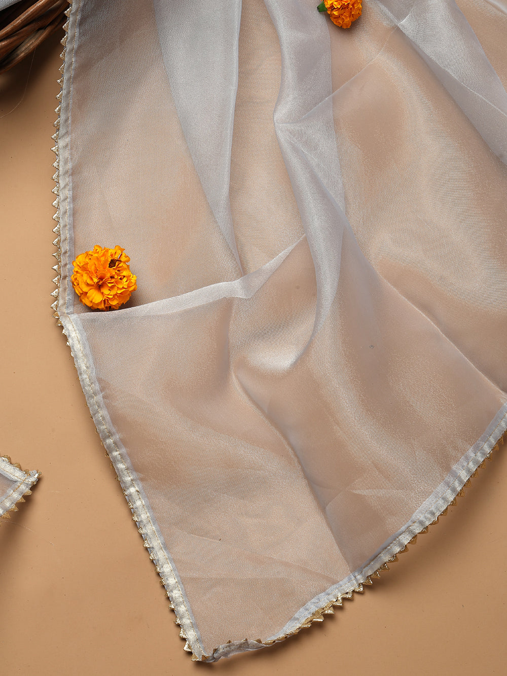 Soft Dove Grey Unstitched Organza Tissue Suit Set with Gota Patti & Pearl Handwork