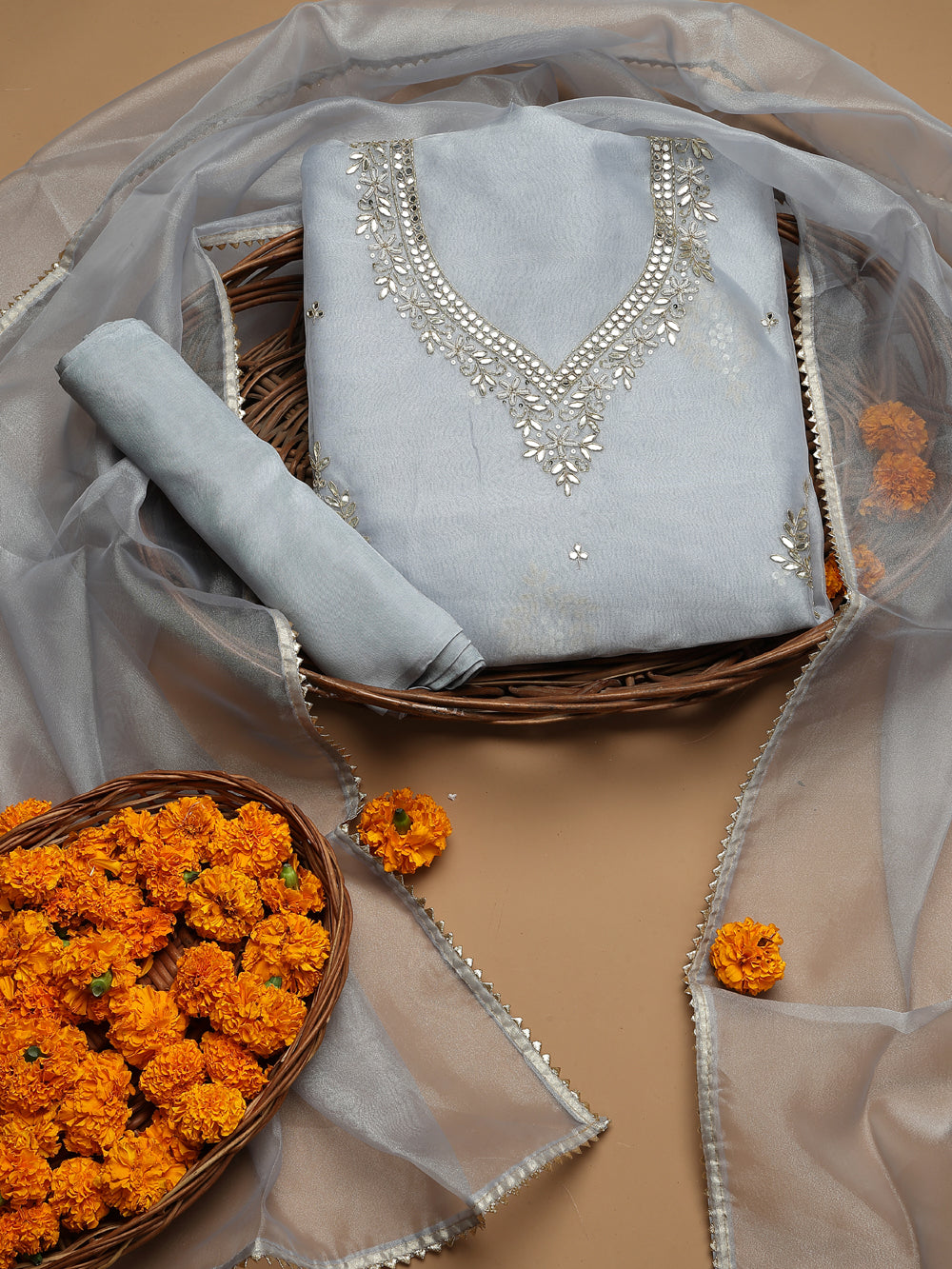 Soft Dove Grey Unstitched Organza Tissue Suit Set with Gota Patti & Pearl Handwork