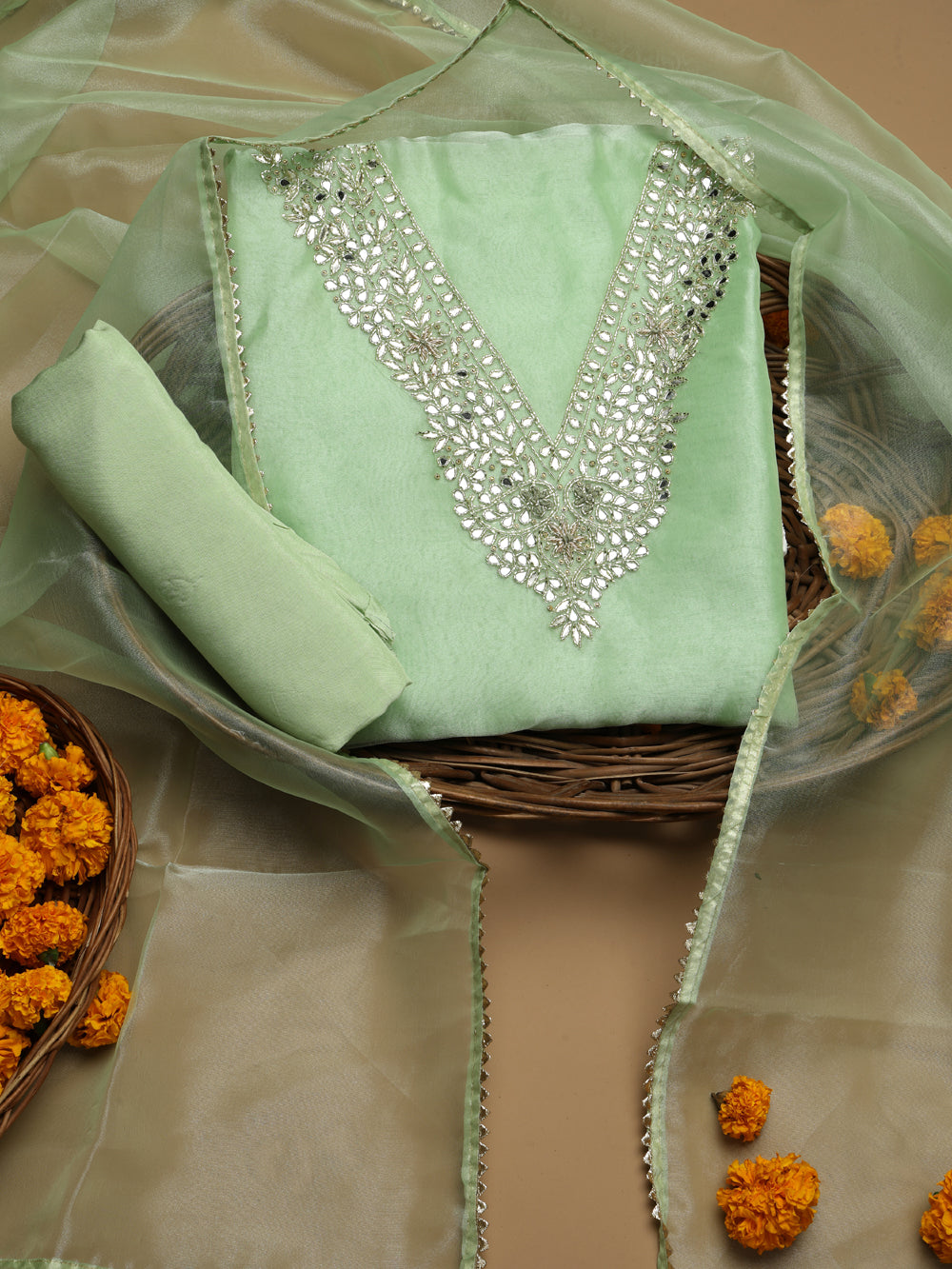 Mint Green Unstitched Organza Tissue Suit Set with Gota Patti & Pearl Handwork