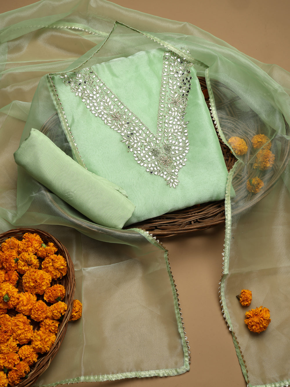 Mint Green Unstitched Organza Tissue Suit Set with Gota Patti & Pearl Handwork