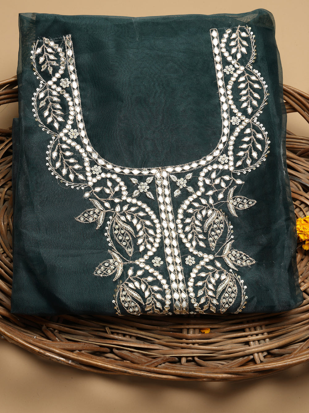 Deep Bottle Green Unstitched Organza Tissue Suit Set with Gota Patti & Pearl Handwork