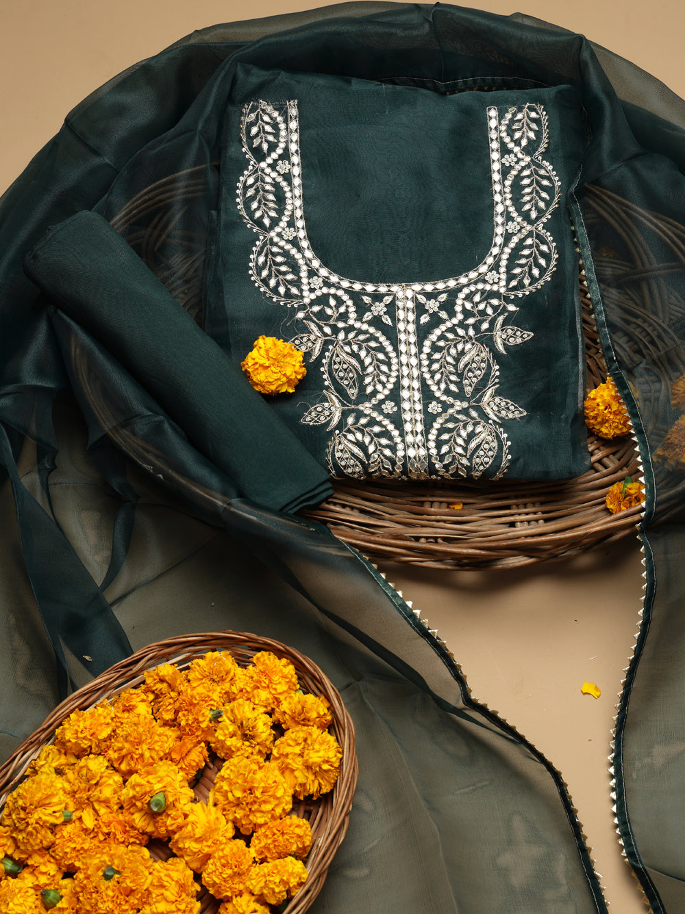 Deep Bottle Green Unstitched Organza Tissue Suit Set with Gota Patti & Pearl Handwork